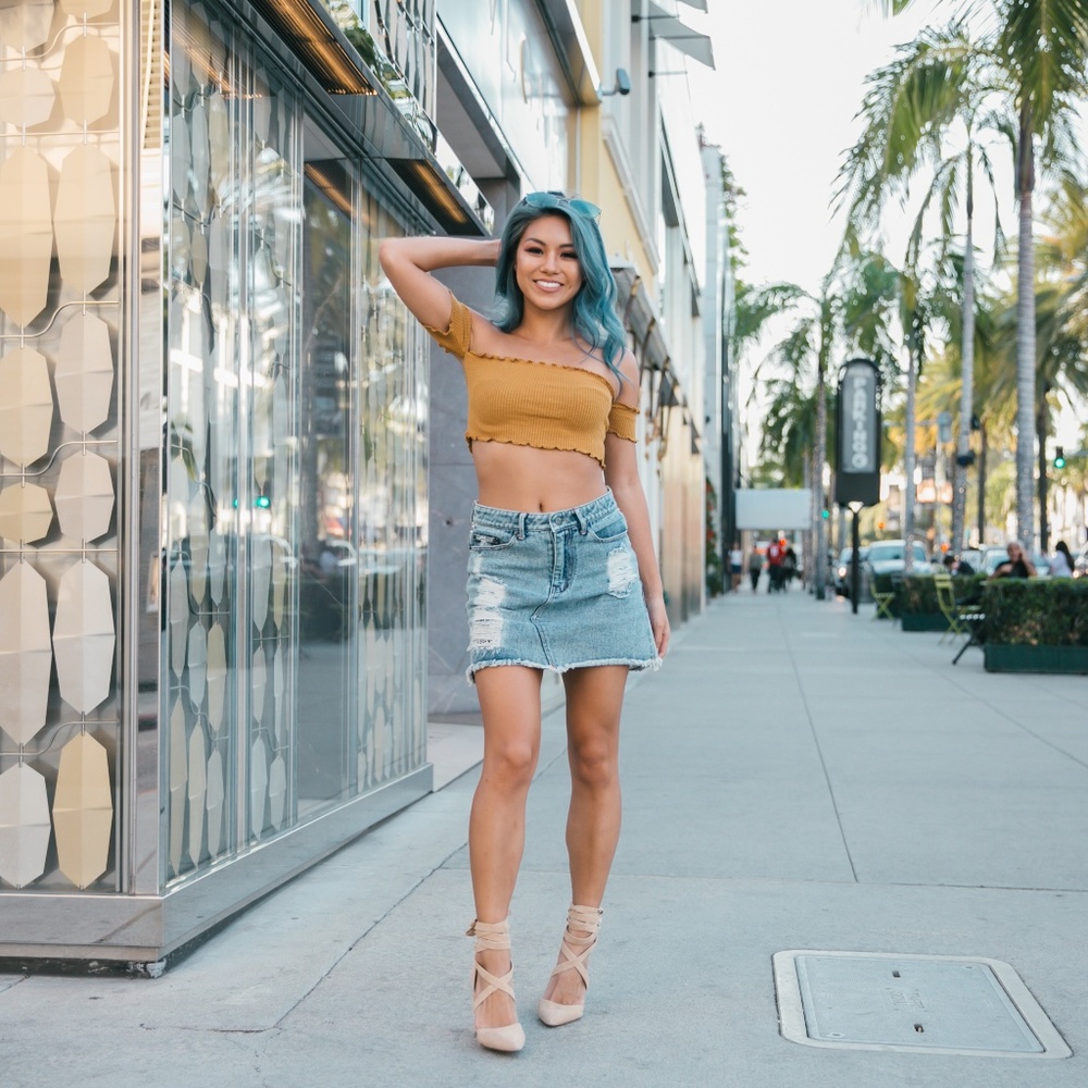 Studded Distressed Denim Skirt